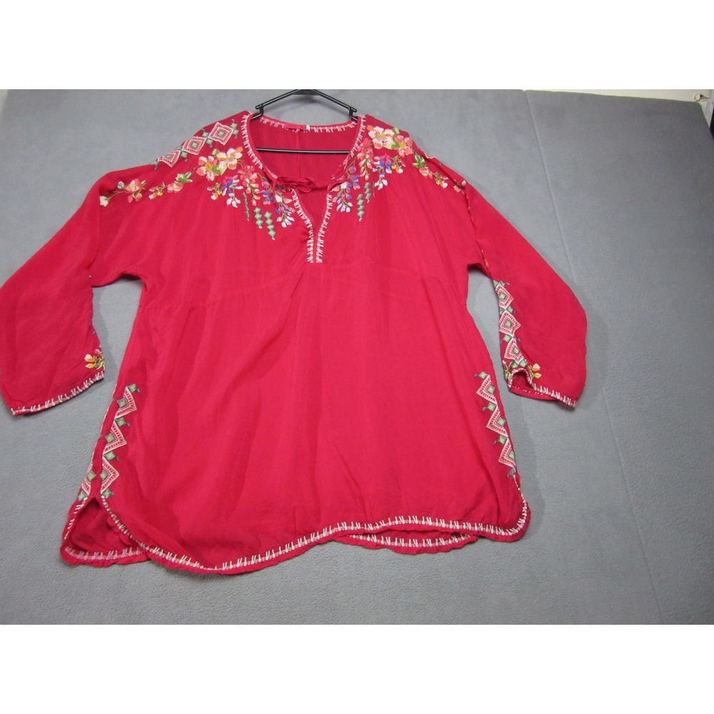 Johnny Was Tunic Blouse Women 1X Red Embroidered Floral Boho Cupro Rayon Top